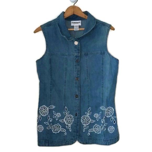 Serengeti Women's Size M 100% Cotton Denim Look Embellished Sleeveless Top - Picture 9 of 9